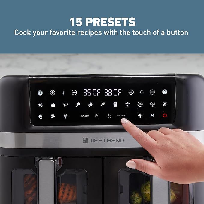 West Bend Double Up Air Fryer Dual Basket 10-Quart Capacity with Digital Controls View Windows and 15 Cooking Presets, Nonstick Frying Baskets, Dual-Zone Cooking, 1600-Watts, Black