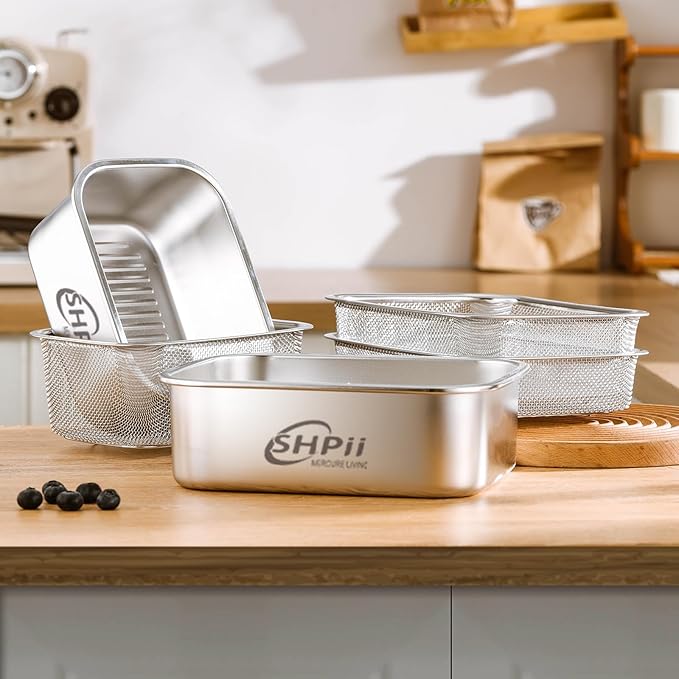 Square Colander Set,304 Stainless Steel with PE Lid,Storage Container,Prep,Tofu Drainer,Shellfish Drainer,Back of House Preparation,Refrigerator Storage,Picnic Party (1100ML)