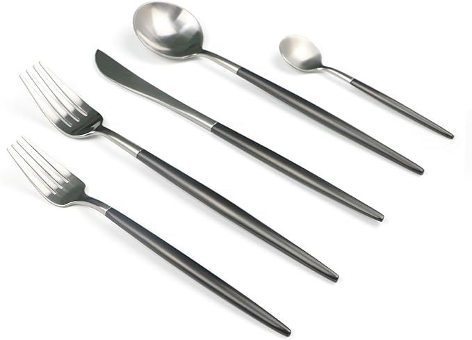 5-Piece 18/10 Stainless Steel Flatware Set, Serive for 1, With Fork Spoons Knife Teaspoon Dessert Fork for Home Kitchen Restaurant Hotel (Black + Silver)