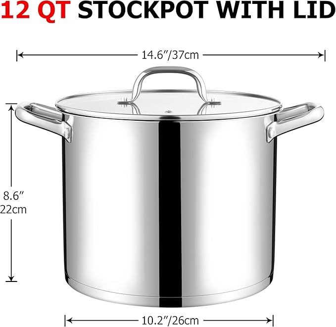 LIANYU 12 QT Stock Pot with Lid, 12 Quart Stainless Steel Large Tall Soup Pot for Cooking, Big Deep Stockpot with Visible Lid, Tri-ply Heavy Duty Stockpot for Induction, Stoves, Gas