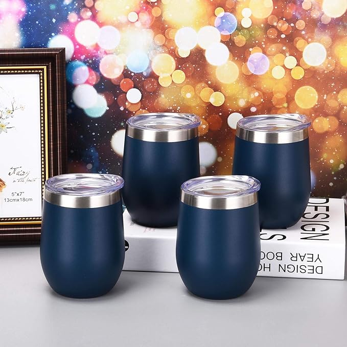 6 Pack Stainless Steel Wine Tumblers, 12Oz Insulated Wine Tumbler, Double Wall Insulated Wine Glass, Stainless Steel Stemless Wine Cups with Lids for Coffee, Wine, Cocktails, Champaign, Navy Blue