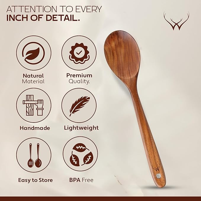 12" Long Handle Teak Wooden Spoon for Cooking with Large Teak Spoon Rest - Premium Wooden Spoons For Cooking - Wooden Kitchen Utensil Set, Essential Wood Utensil Set for Kitchen & Perfect for Gifts