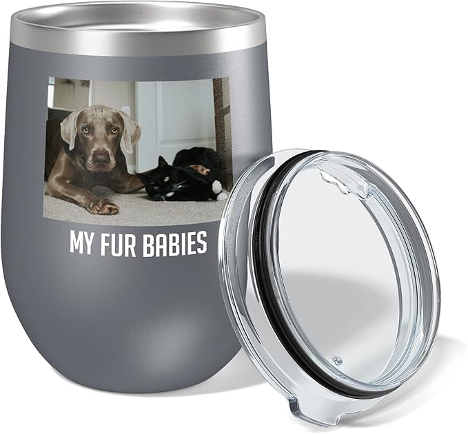Personalized 12oz (17 Colors) Mother's Day Photo Picture Printed Insulated Stainless Steel Powder Coated Stemless Wine Tumbler with Lid, Customized Gift Idea for Her, Coach Gifts Team Mom Dad (Gray)