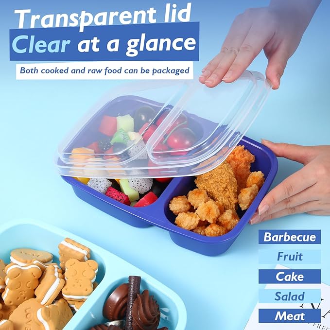Honeydak 5 Pack Lunchable Snack Containers 2 Compartment Divided Bento Snack Boxes Reusable Meal Prep Containers with Lids Lunch Food Storage Box for Work Travel (Blue)