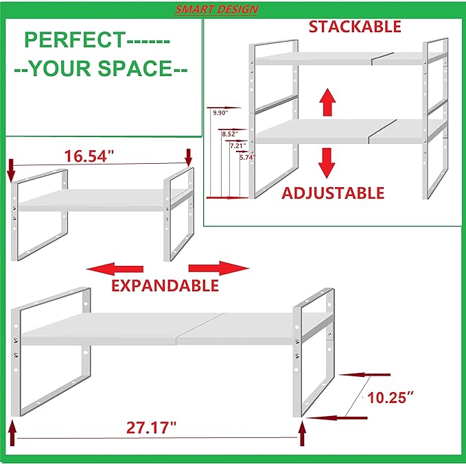Expandable Stackable Spice Rack Cabinet Shelf Organizer in Cabinets Shelves Kitchen Cupboard Organization Stack up Racks Pantry Countertop Storage Large/White 3 Packs