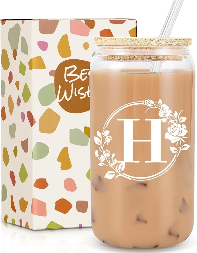 Birthday Gifts for Women, Monogrammed Initial Glass Cup Personalized Gifts for Women, 16oz Glass Cups with Lids and Straws, Iced Coffee Cup, Beer Can Shaped Glass - Gifts for Christmas, Birthday, H