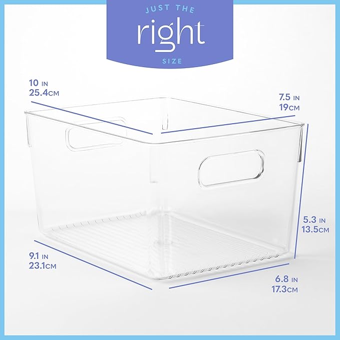 primebox Plastic Food Storage 4 Pack Clear Container Bin with Handles for Organizing Kitchen, Pantry, Refrigerator, Freezer, Pantry, Cabinet, Closet, Bathroom. 10”x7.5”x5.3”