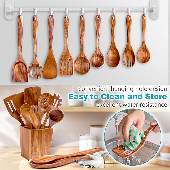 Wooden Spoons for Cooking, 11-Piece Natural Acacia Wood Cooking Utensils Set – Wooden Kitchen Utensils with Holder Spoon Rest, Nonstick Safe Non-Toxic Wooden Cooking Tools by HOWHONG