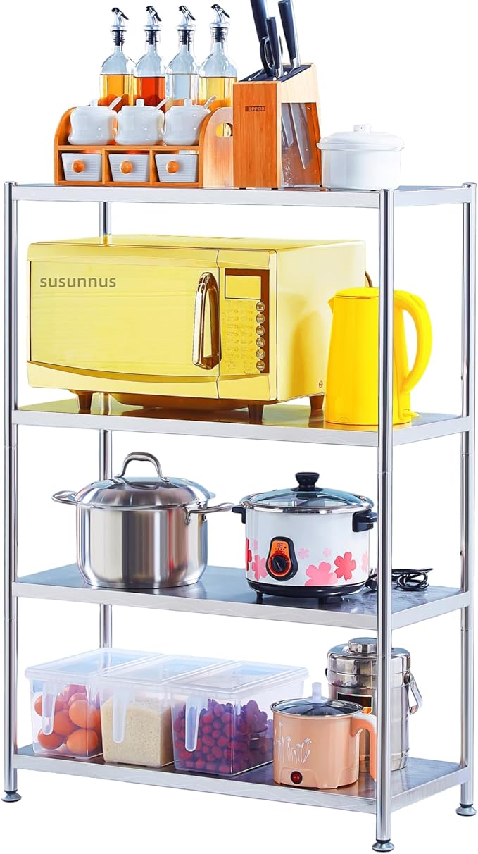 susunnus Stainless Steel Shelves 23.6in-4 Tier, Stainless Steel Shelf Organizer, Kitchen Storage Shelves, Artistic Texture, Pragmatic & Sturdy & Waterproof