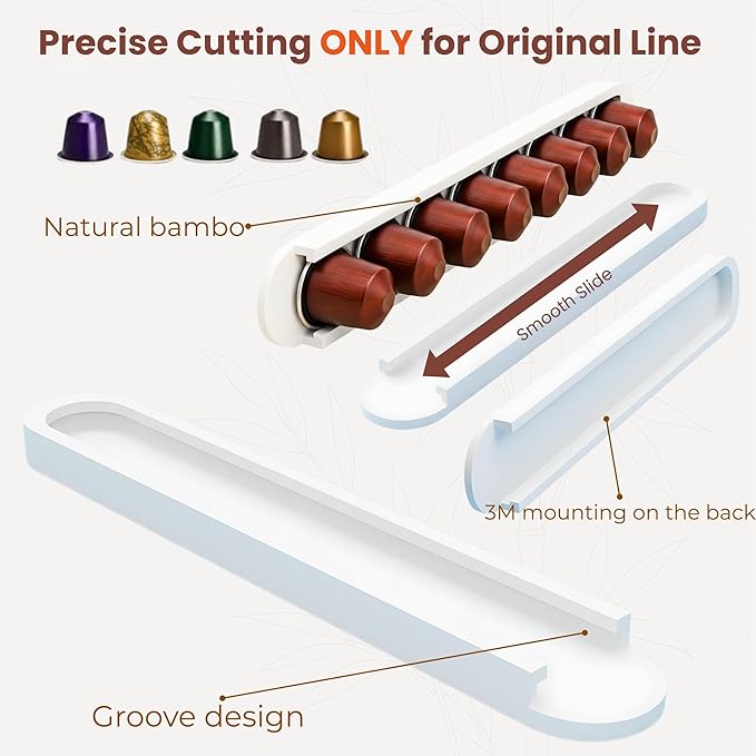 Bamboo Coffee Pod Holder, Adhesive Wall Mount for Cabinet Door, 36-Capsule Storage (Set of 4) — Vertical/Horizontal — Compatible with Nespresso Original Line-White