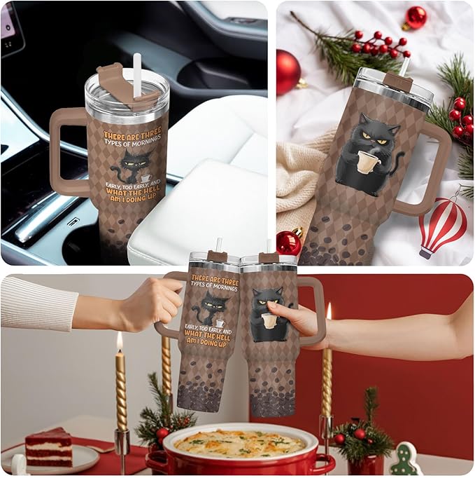 34HD Black Cat Tumbler with Handle & Straw, 40oz Vacuum Insulated Coffee Travel Mug, Black Cat Gifts for Men Women Birthday Halloween Christmas, Funny Gifts for Night Owls Coffee Lovers