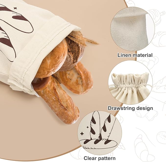 uxcell 4 Pack Reusable Bread Bags, 17.7 x 11.8 Linen Bread Storage for Homemade Sourdough Beeswax Food Drawstring Closure, Brown Bread