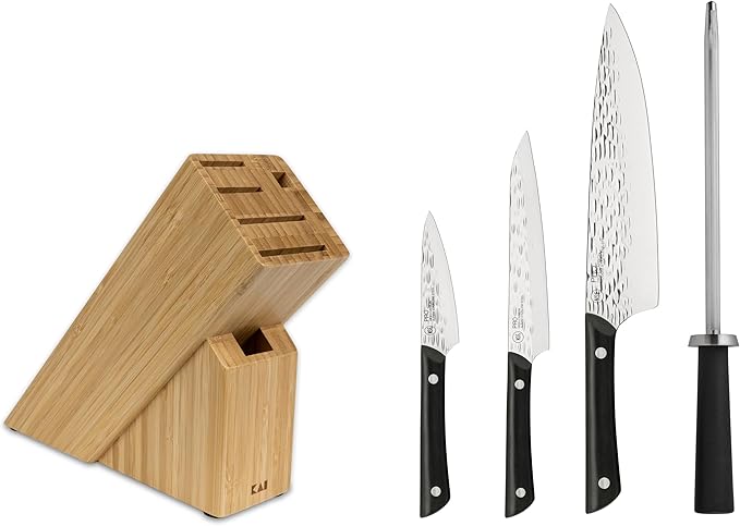 Kai PRO 5 Piece Slimline Block Set, Includes 8" Chef, 3.5" Paring and 6" Utility Knives, Knife Block Set, Japanese AUS6M Stainless Steel Blades, Full-Tang POM Handles