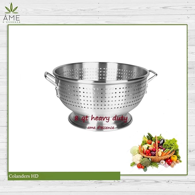 (8-QT) Aluminum Colander with Handles and Base Heavy Duty Commercial Grade