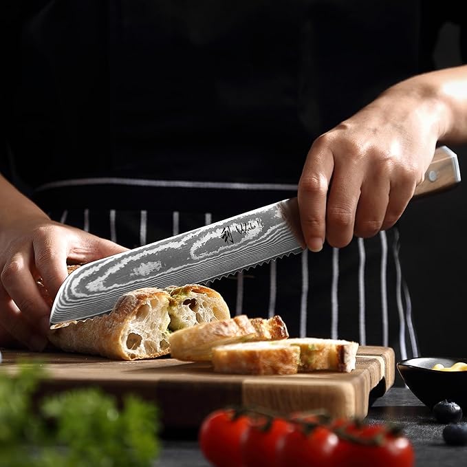 Wakoli HIK Full Tang Damascus Bread Knife – Serrated Kitchen Knife | 8-Inch Blade Made of 67-Layer Damascus Steel with VG10 Core | Walnut Wood Handle | Sharp, Durable, Gift Box Included