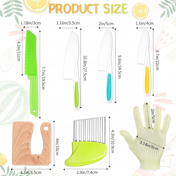 7 Pieces Christmas Wooden Kitchen Knife for Kids Include Plastic Potato Slicers Cooking Knives Serrated Edges Toddler Knife Kids Plastic Knife Resistant Gloves for Kitchen Children (Crocodile)