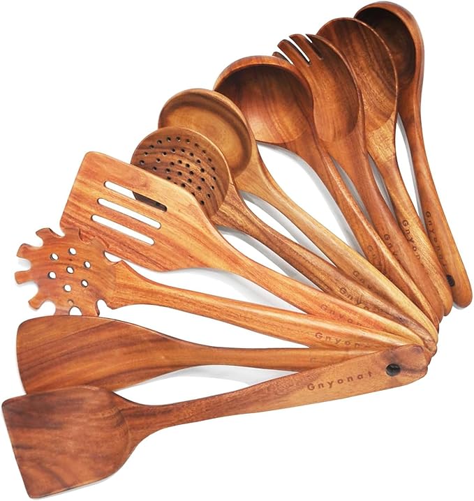 10 Pcs Wooden Spoons for Cooking,Teak Wooden Kitchen Utensils Set Spatulas for Cooking Utensils