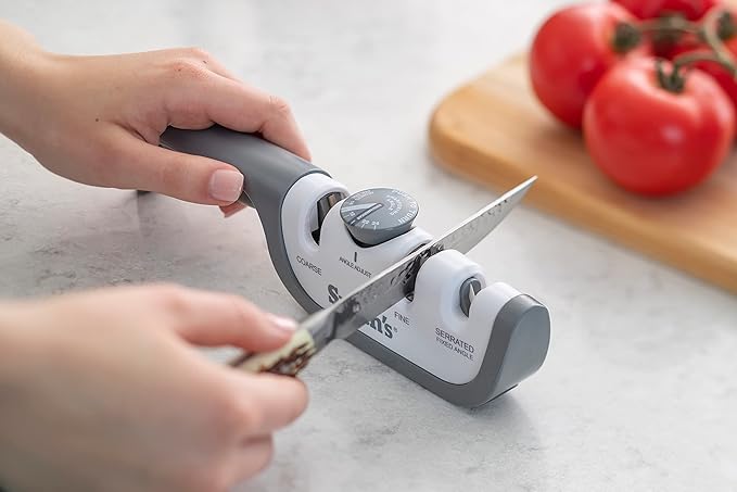 Smith’s 51109 Adjustable Angle Knife Sharpener - Grey/White - Adjustable Sharpening Angles - Repair, Restore & Polish Blades - 2-Stage Handheld Manual Sharpener - Kitchen, Straight & Serrated Knives