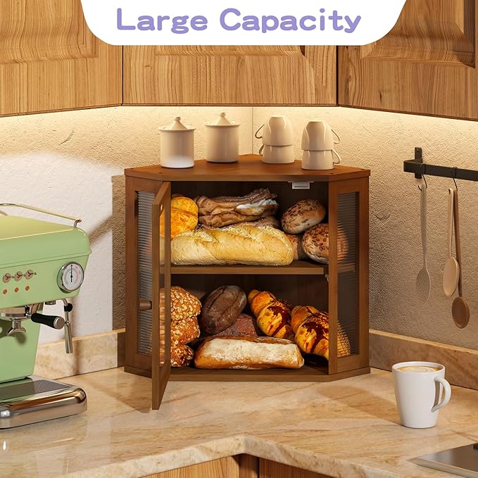 Corner Bread box for Kitchen Countertop,Farmhouse Bread Box with Acrylic Wavy Door Panel,Large Bread box for kitchen countertop,Kitchen Countertop Food Storage Container (Brown, Meduim)