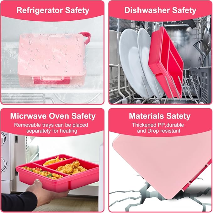 Chill Bento Lunch Box for Kids Adult with Ice Pack,Leak Proof 3 Compartments Lunch Container for Kids,Ice Pack Detachable Bento Box,BPA Free,Dishwasher & Microwave Safe-Pink