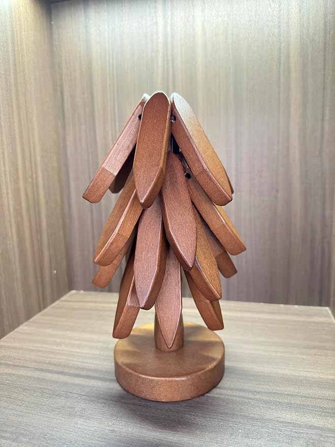 Wooden Trivets for Hot Dishes Mat Coasters Pot Plate Bowl Teapot for Kitchen Natural Foldable Stackable Christmas Tree Black Walnut Set of 4