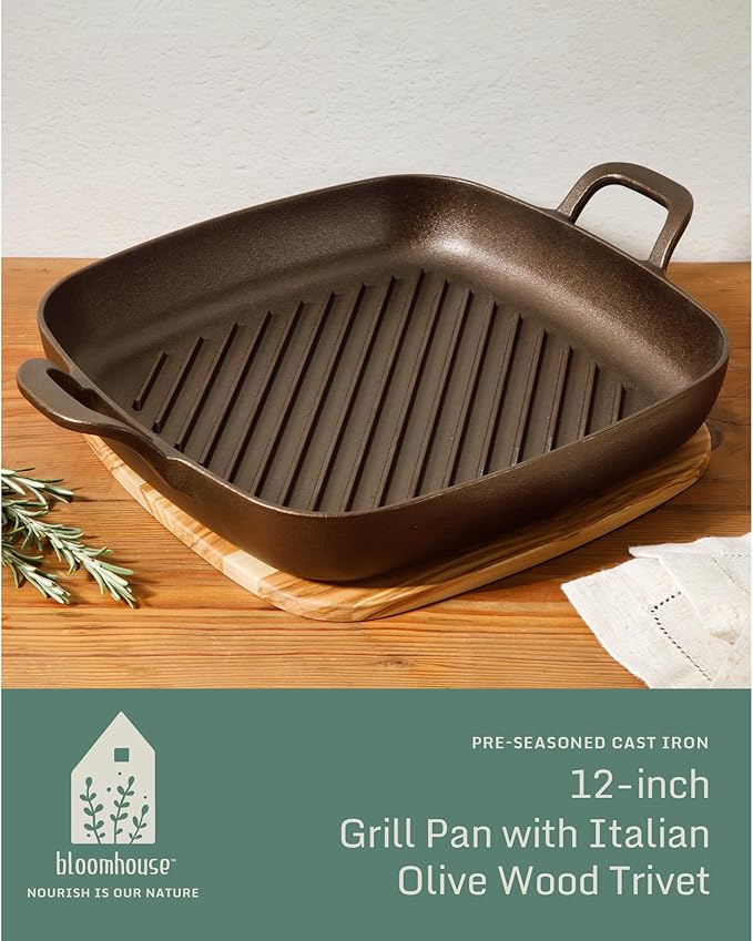 Bloomhouse - Two Time Oprah's Favorite Things Winner - Natural Bronze Finish 12" Square Cast Iron Grill Pan – Olive Oil Treated Surface w/Dual Handles & Olive Wood Trivet, Oven Grill Campfire Safe