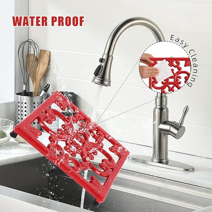 Cast Iron Metal Trivet for Hot Dishes, 7 Inches Square Vintage Iron Trivet for Hot Pots and Pans, Heat Resistant Hot Mat Pad for Kitchen Countertop, Red