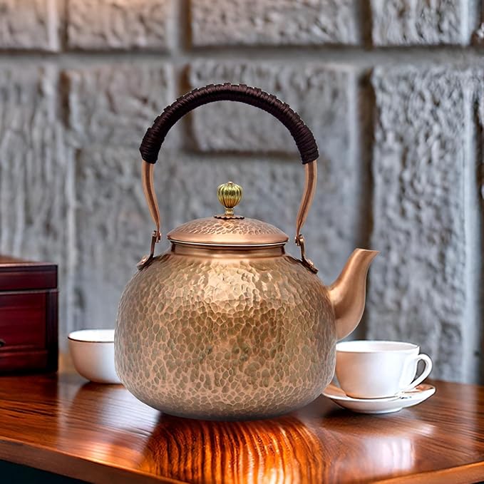 YJX Copper Tea Kettle For Stovetop, Japanese Style Non-Coating Pure Copper Teapot with Stainless Steel Infuser For Loose Tea, Large and Solid Tea Pot For 3-7 Cups (2000ml)