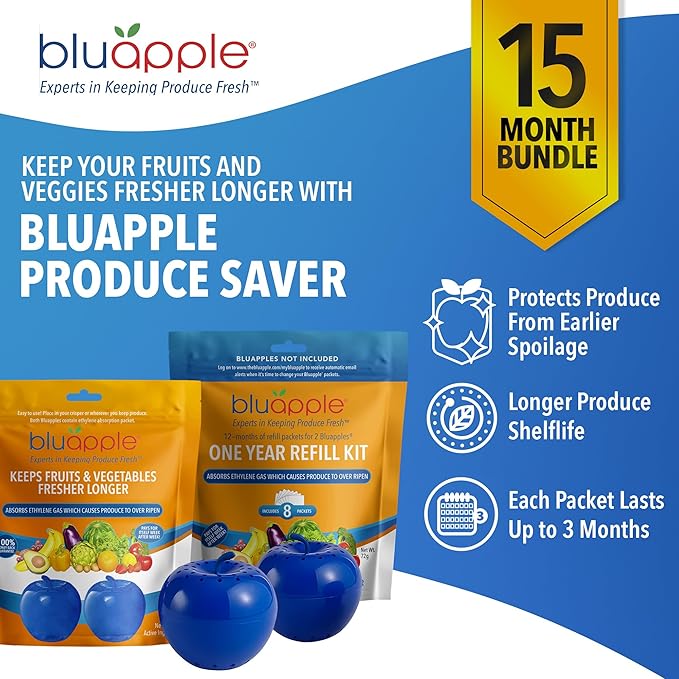 Bluapple Ethylene Gas Absorber Classic Produce Saver 15-Month Bundle - Vegetable & Fruit Fresh Produce Storage Protector, Food Freshness Extender, Fresh Fruit & Vegetable Saver, USA-Made BPA-Free