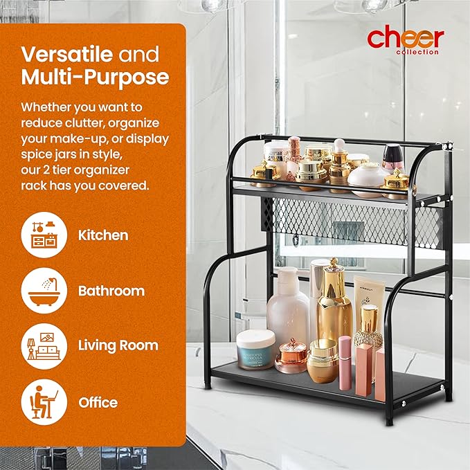 Cheer Collection 2 Tier Spice Rack - Non Slip Kitchen Counter Organizer, Pantry Organizer Display Stand for Kitchen or Bathroom Organization