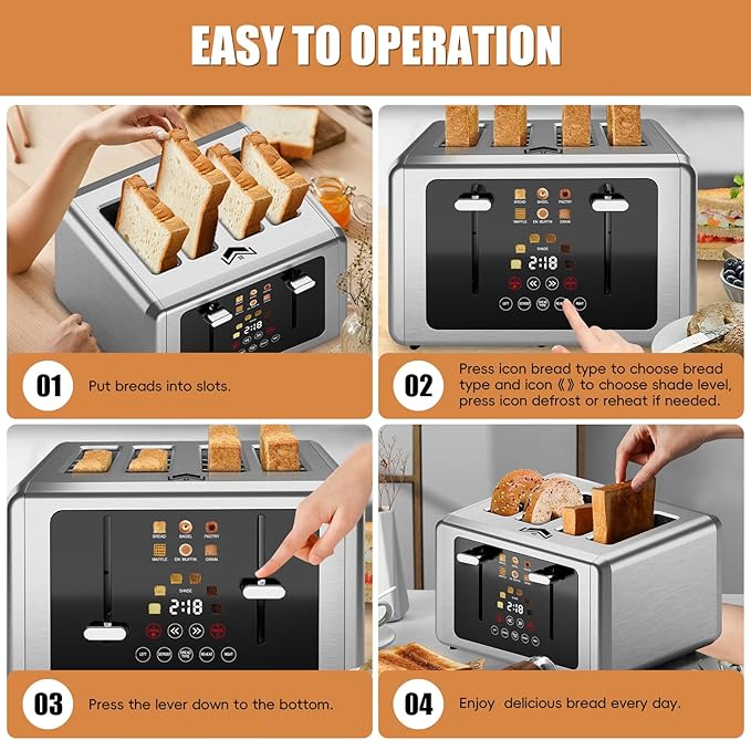 4 Slice Toaster, Touchscreen & Dual Independent Control Panel，5 Basic Functions & Digital Countdown Toasters, 6 Shade Settings＆6 Bread Types, Smart Bread Maker Mute/Screen-Off,Platinum