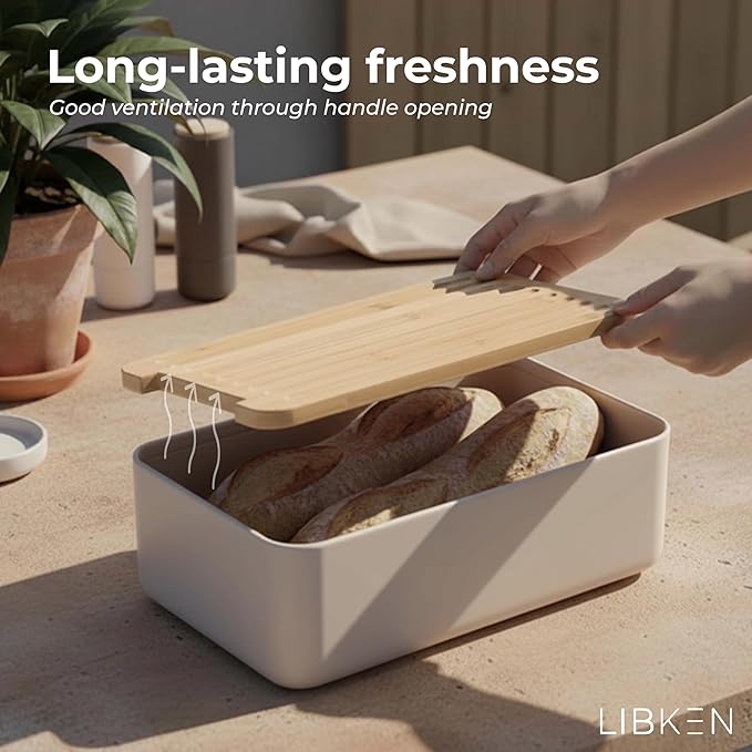 Bread Box – Extra Thick Steel Bin with Bamboo Cutting Board Lid & Drawstring Bag - Modern Scandinavian Metal Box for Kitchen Countertop, Sourdough & Homemade Bread - Warm Grey