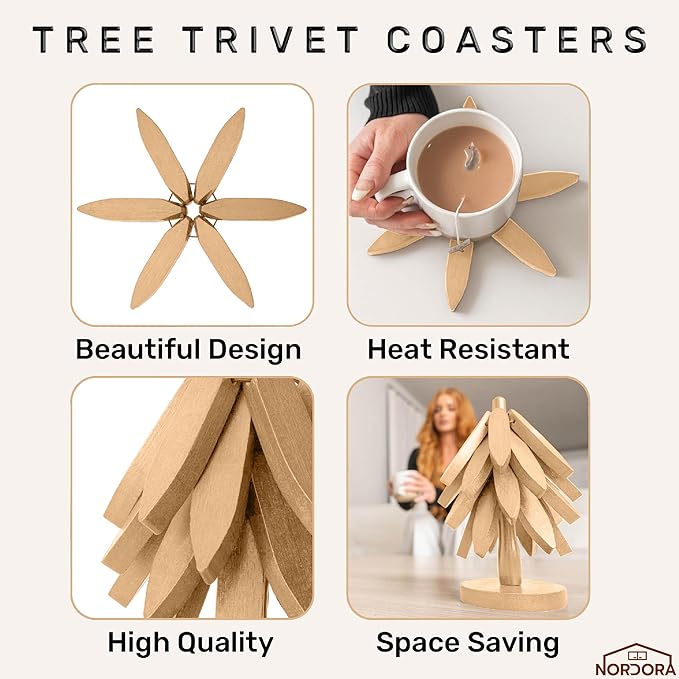 Wooden trivets for hot Dishes – 4 Tree-Shaped Coasters & 1 Stand for Hot Pots, Dishes | Heat-Resistant, Space-Saving Pot Rest & Cozy Kitchen Decor, Tree Trivets for Counter + Special Bonus (Beech)
