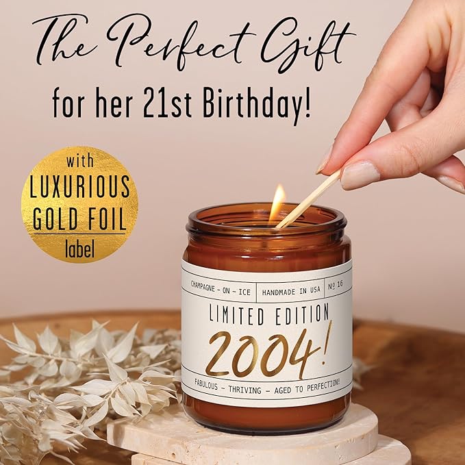 Soy and Sass 21st Birthday Jar Candle - 'Limited Edition 2004' Champagne on Ice Scent, 9oz Reusable Jar, 50Hr Burn, Made in USA