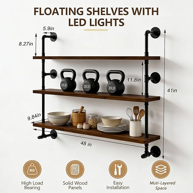 ROGMARS LED Gaming Floating Shelves for Wall,Industrial Pipe Shelving 48 inch Coffee Bar Shelves Wall Mounted,Display Book Shelf with Light for Gaming Room Living Room Bedroom Kitchen Garage