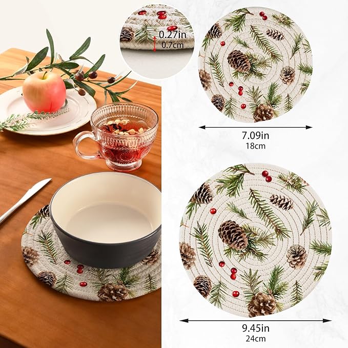 Pine Cones Branches Kitchen Trivets Pot Holders Set of 2, Trivets for Hot Pots Dishes Woven Trivet Coaster Pad Mat for Counter