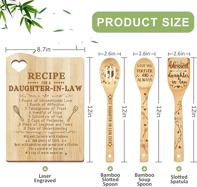 Daughter in Law Gifts, Christmas Daughter in Law Gift Idea from Mother in Law Wooden Cutting Board with Cooking Utensils Set and Apron Present