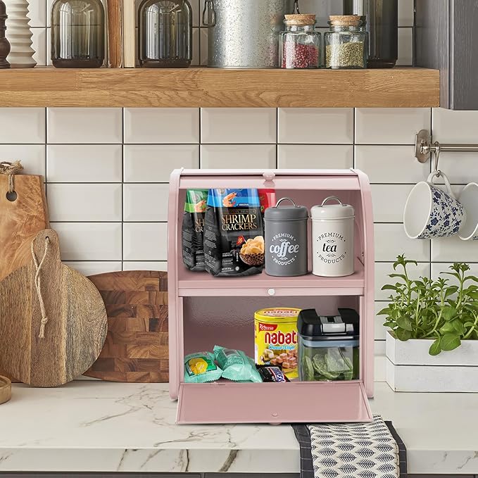 Bread Box, Metal Bread Box For Kitchen Countertop, Bread Storage Container Holds 2 Loaves Of Bread, High Capacity Breadbox, Bread Holder Suit Farmhouse Kitchen Decor For Counter (Pink)