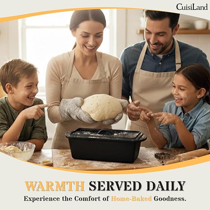 Cuisiland Rectangular Cast Iron Bread Loaf Pan, Heavy Duty 11x4.75x4,25" (14" L/Handles) with Lid (BLP137U)