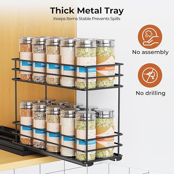 Pull Out Spice Rack Organizer for Cabinet, Slide Out Spice Racks, Easy to Install, 4.0''Wx10.35''Dx8.26''H, 1 Drawer 2 Tiers(Black)