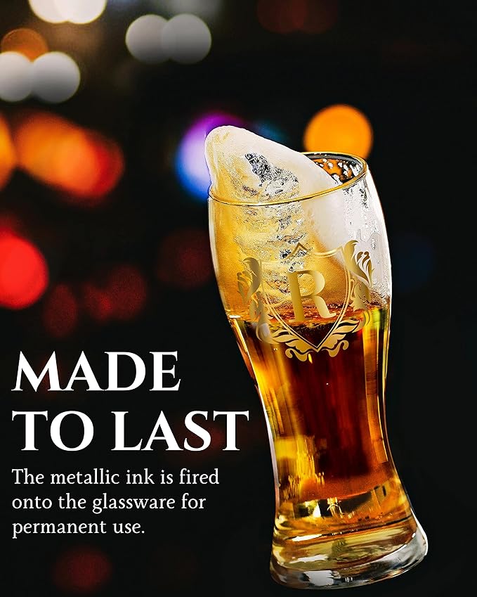 Personalized Beer Glass, Custom Alcohol Gifts for Beer Lovers, Unique Birthday, Christmas Gifts for Dad, Uncle, Husband, Boyfriend, with Initial R