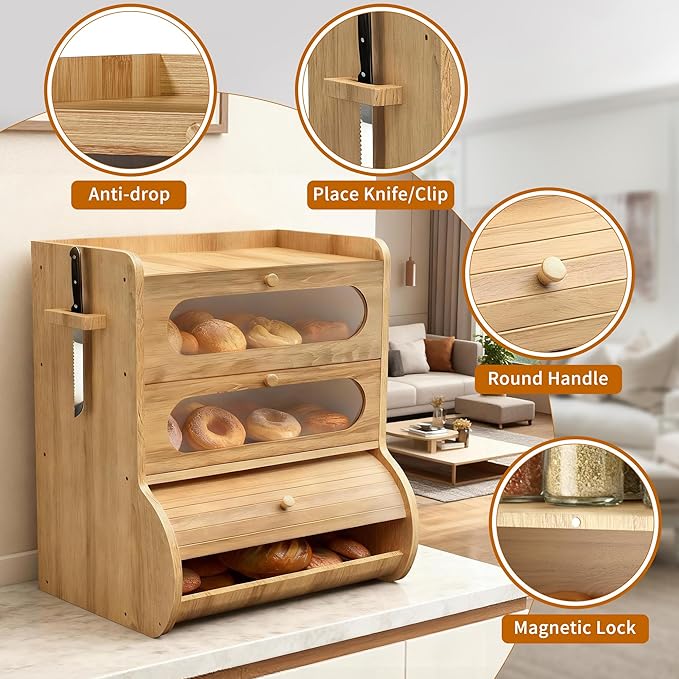 Bread Box for Kitchen Countertop, 3 Tier Large Capacity Breadbox, with Window, Cutting Board Rack and Knife Holder, Bamboo Bread Container, Under Cabinet Organizer