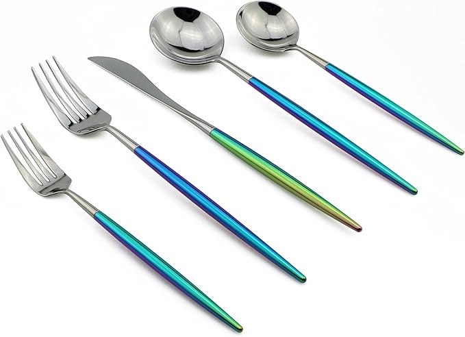 20-Piece Coloful Rainbow Handle Silver Flatware Set, Mirror 18/10 Stainless Steel, Service for 4