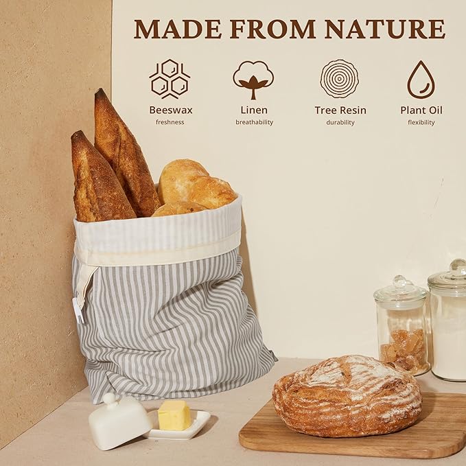 BRONYPRO Reusable Beeswax and Linen Bread Bags, 2-Pack Waxed Bread Bags for Homemade Bread & Sourdough, Sustainable Sourdough Loaf Storage to Lock in Freshness, Large 17x12.6in, Grey