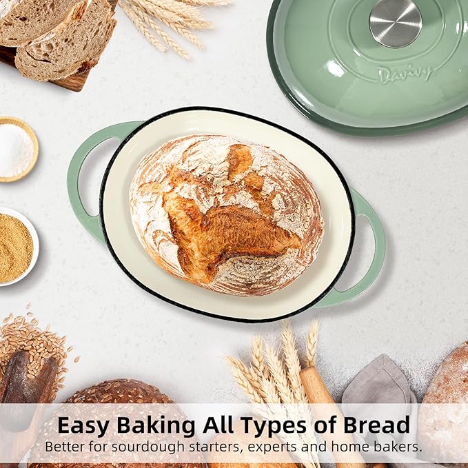 Davivy 6QT Oval Cast Iron Bread Oven with Domed Lid, Dutch Oven for Sourdough Bread, 6QT Bread Cloche Dutch Oven Sourdough Baking Pan with Lid - Sea Salt Green