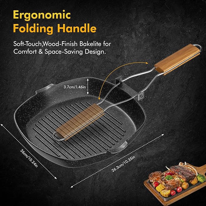 Nonstick Grill Pan, 9.5 Inch Large Grilling Skillet Steak Pan for Indoor Cooking, Steak & Bacon Pans for Stove Tops (9.5 in)