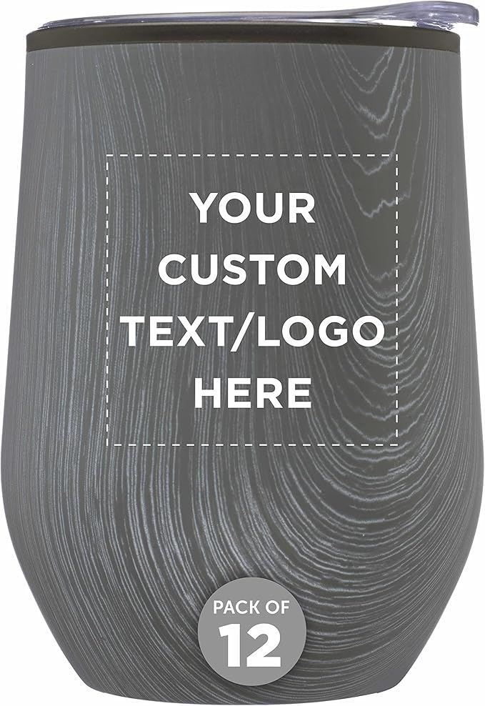 Custom Palmera Stemless Wine Tumblers with Lids 12 oz. Set of 12, Personalized Bulk Pack - Perfect for Wine, Cocktails, Other Hot & Cold Beverages - Rustic Grey