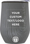 Custom Palmera Stemless Wine Tumblers with Lids 12 oz. Set of 12, Personalized Bulk Pack - Perfect for Wine, Cocktails, Other Hot & Cold Beverages - Rustic Grey