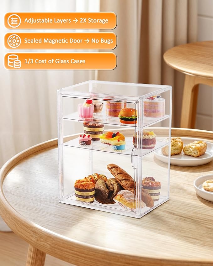 Clear Pastry Display Case, Bread Case for Kitchen Countertop-4 Layers Adjustable, Large Capacity Clear Bread Box for Home-Baked Breads,Muffins,Bagel Storage Container, Bread Holder