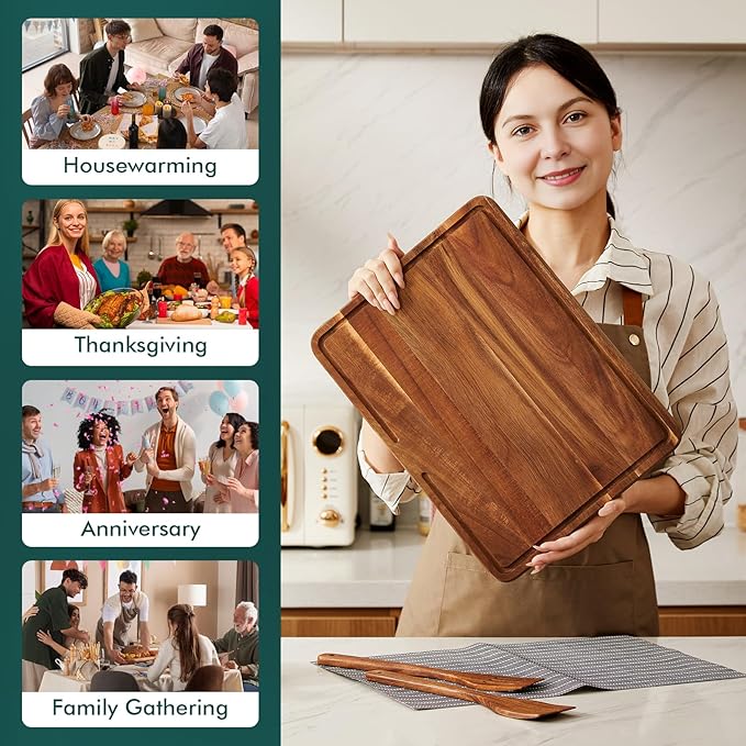 CHOSIN Wood Cutting Board, Acacia Chopping Board with Juice Groove - 16"x12" Cutting Board with Wooden Spatula Set for Kitchen and House Warming Gift